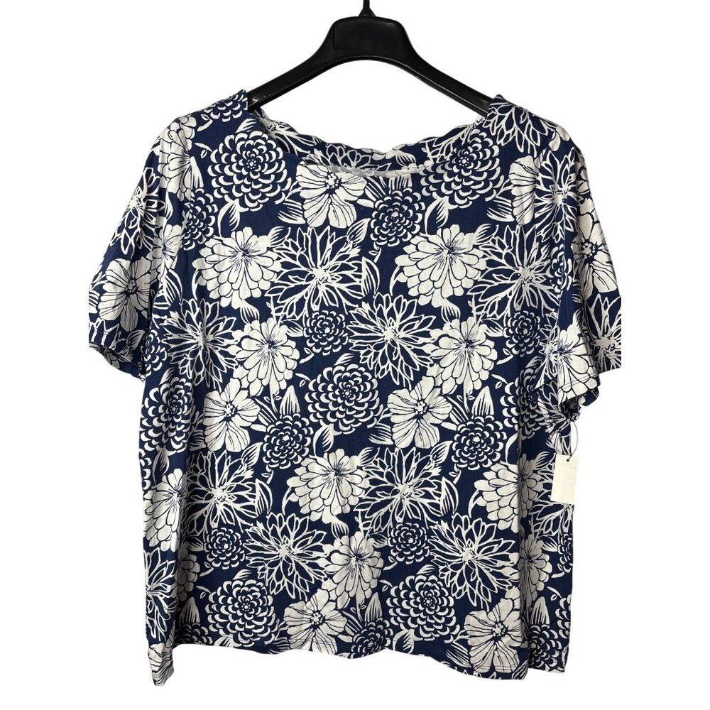 Talbots Navy Floral Short Sleeve Top with White Blooms